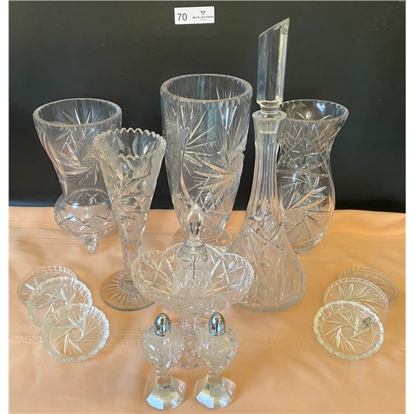Assorted Crystal Vases, Coaster, Decanter, & More