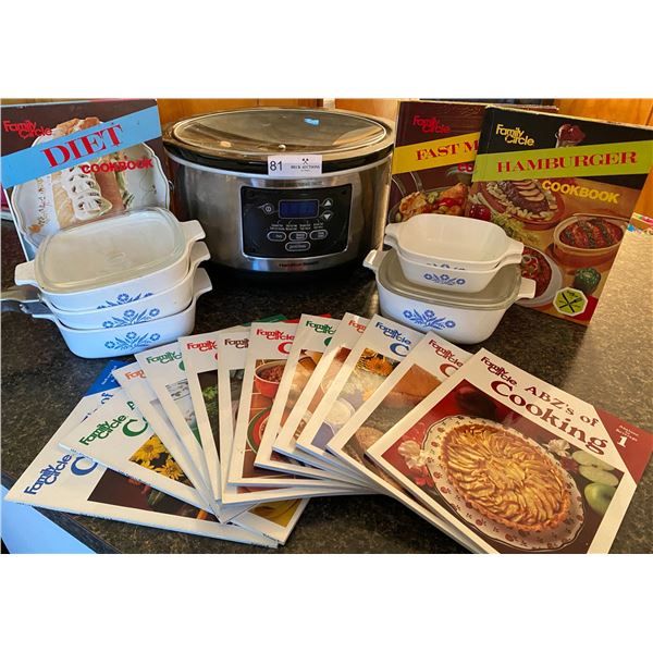Assortment Of Corningware, Hamilton Beach Crock Pot, & Family Circle Cook Books