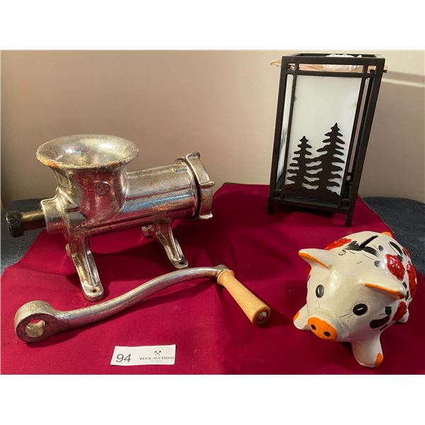 Antique Piggy Bank, Meat Mincer, & Brand New Lamp