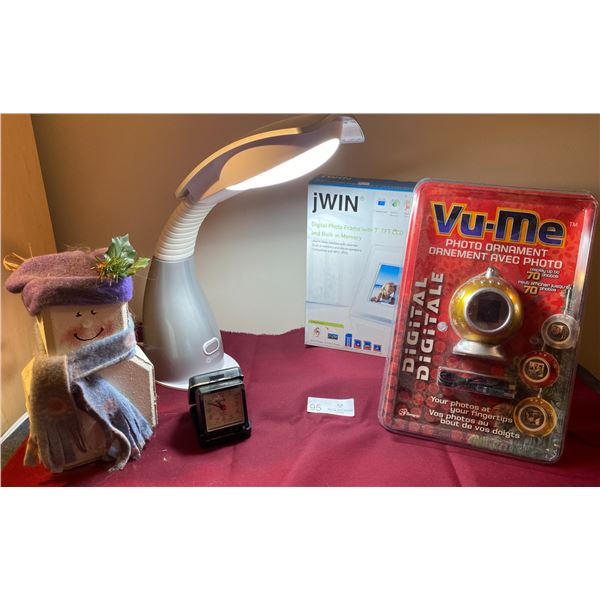 Wide Screen Digital Photo Frame, Digital Photo Ornament, Santa Door Stop, Vintage Clock, & Ott Lite