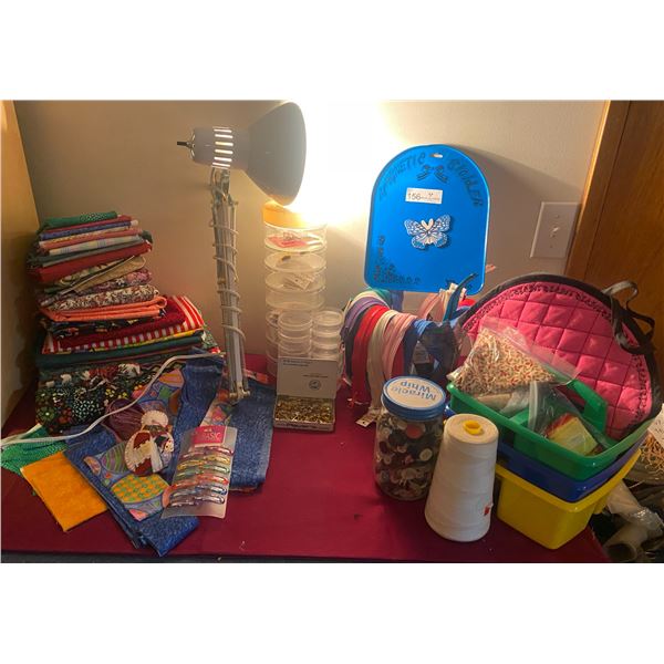 Assorted Quilting Fabrics, Assortment Of Zippers, Thread, Buttons, Lamp, & More