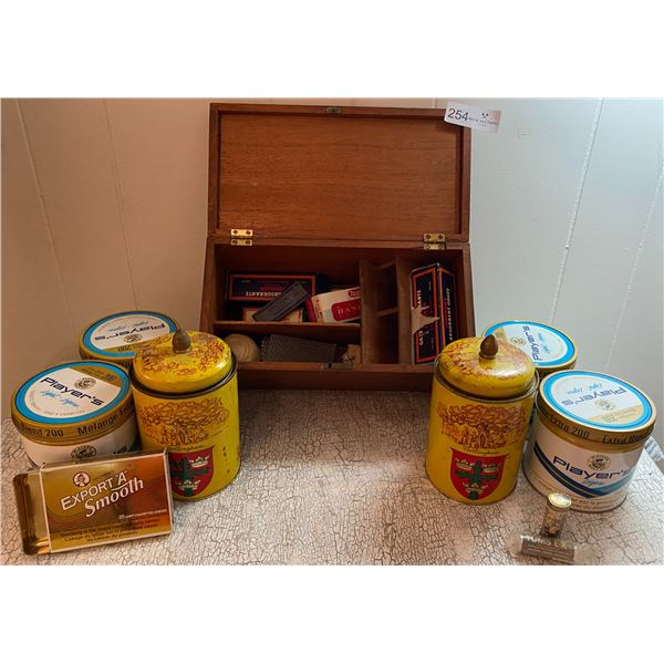 Antique First Aid Box with Vintage Tins    Players Light and More