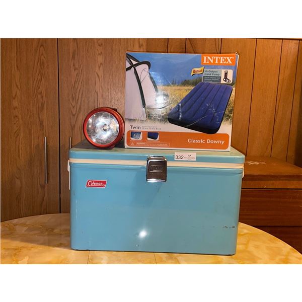 Assorted Camping Equipment Including A Cooler, Twin Air Mattress, And Flashlight