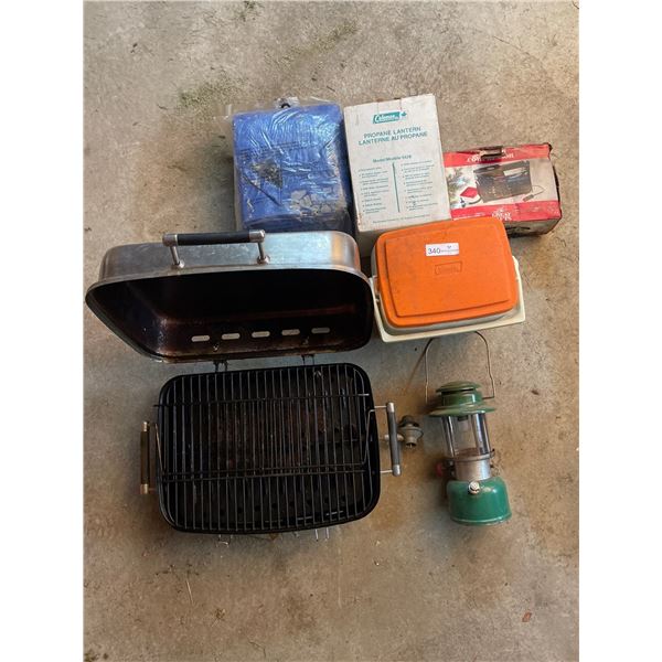 Assortment Of Camping Essentials, Including Propane Lantern, Cooler, Camping Stove, Tarp, Air Pump