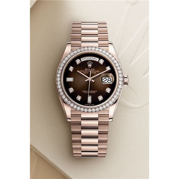 Rolex 36MM Day Date RG with Diamond Bezel Model # 128345