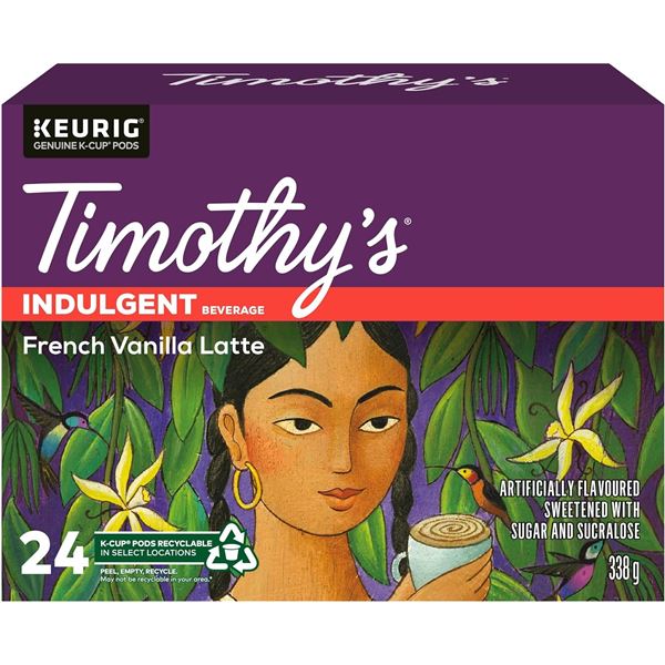 NEW BOX WITH 24 TIMOTHY'S KEURIG FRENCH VANILLA