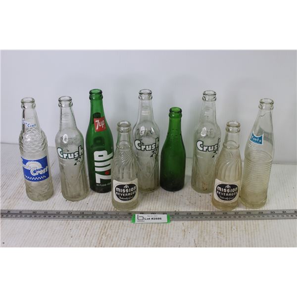 (9) Vintage Glass Soda Bottles - 7up - Canada Dry - Sun Crest - Crush - Mission - Fanta