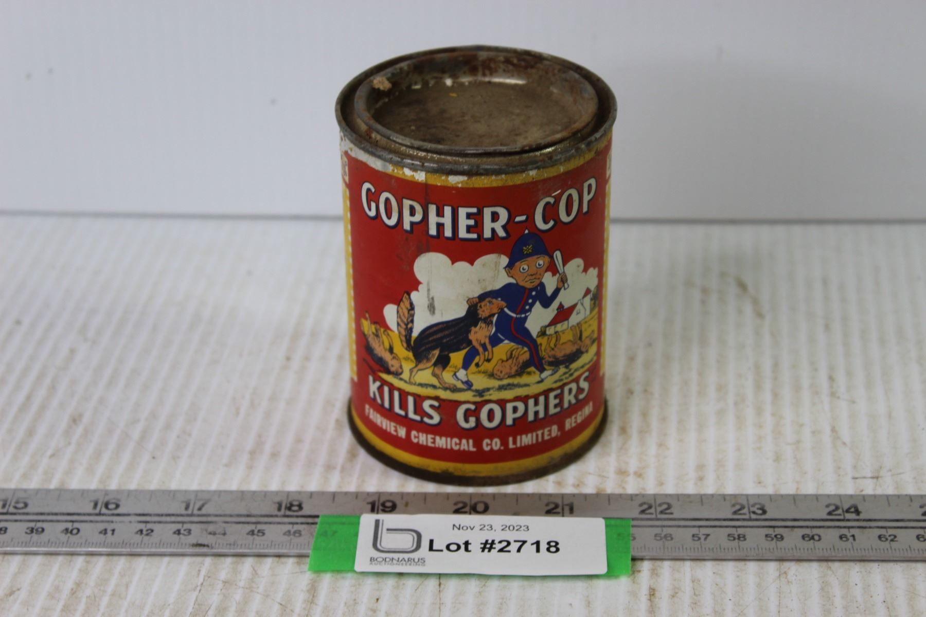 Gopher Cop Vintage Gopher-Cop Tin - Kills Gophers - Bodnarus Auctioneering