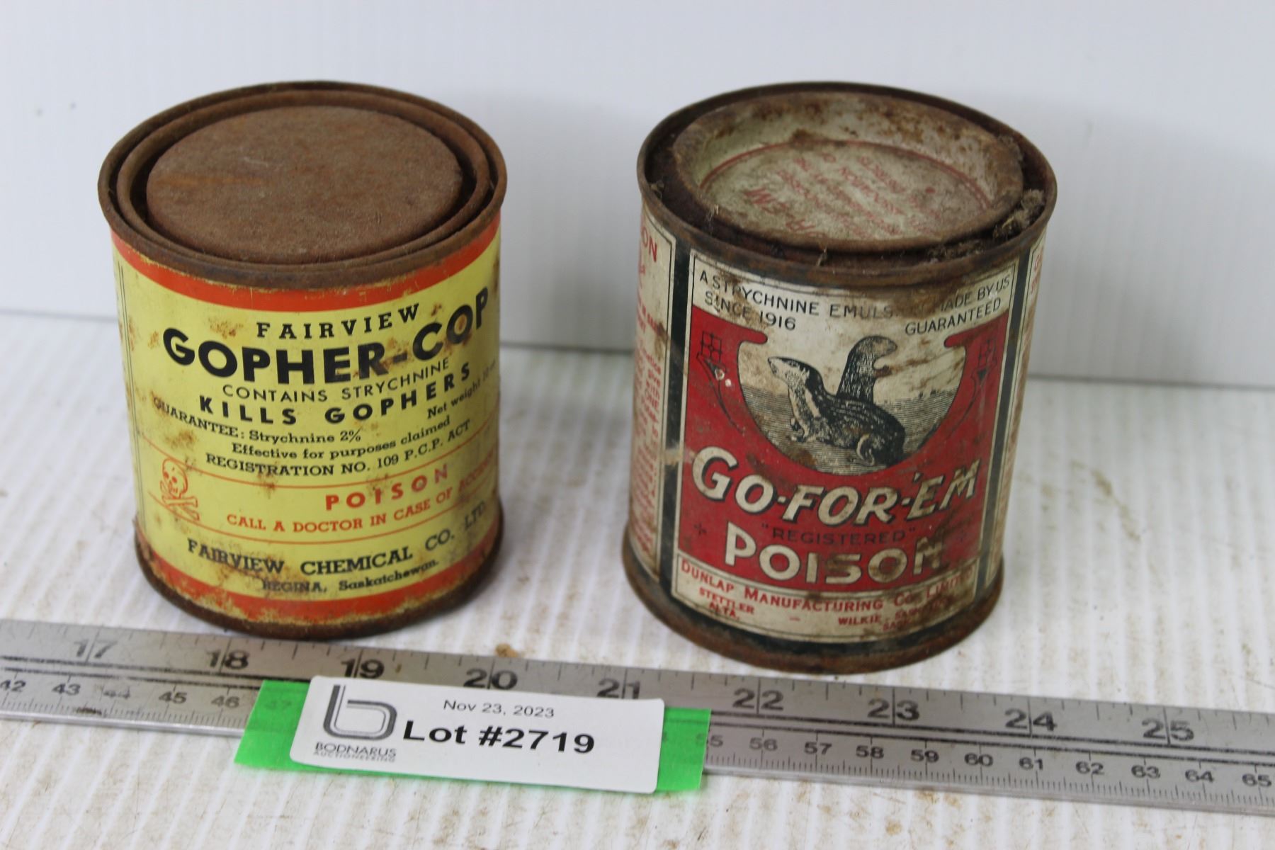 Gopher Cop Vintage Fairview Gopher-Cop Tin & Go-For-Em Poison - Bodnarus Auctioneering