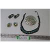 Image 1 : Metal & Stone Necklace - (2) Pairs of Beaded Earrings - Shell Hair Clip