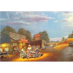 "route 66" Print by Barnhouse   Indian Motorcycle in front of Motel 66.    304/660  Size 21" x 31 1/