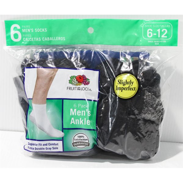 FRUIT OF THE LOOM MEN'S BLACK ANKLE SOCKS