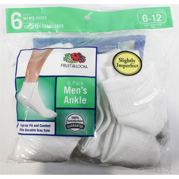 FRUIT OF THE LOOM WHT/GRY MEN'S ANKLE SOCKS