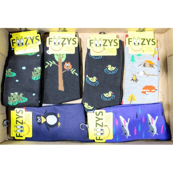 6 PR FOOZYS NOVELTY SOCKS SHARK CAMPING ETC.