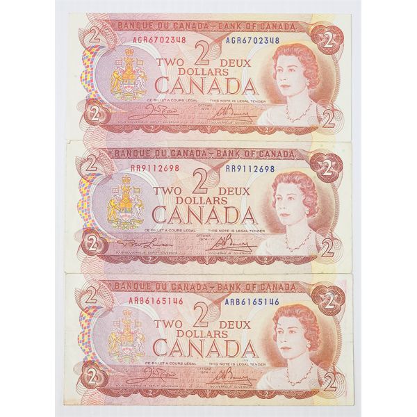THREE 1974 CANADIAN $2 BANKNOTES