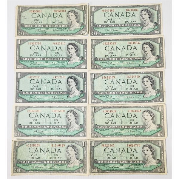 TEN 1954 CANADIAN $1 BANKNOTES