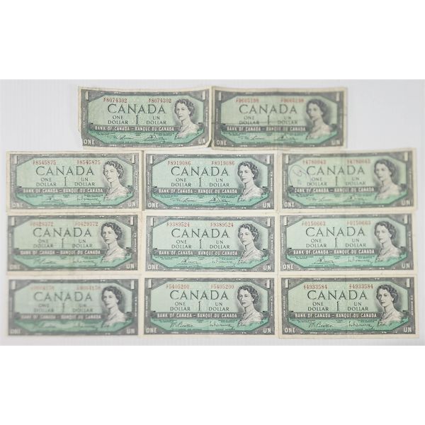 ELEVEN 1954 CANADIAN $1 BANKNOTES