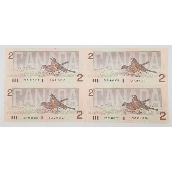 FOUR 1986 CANADIAN $2 ROBIN SERIES BANKNOTES 