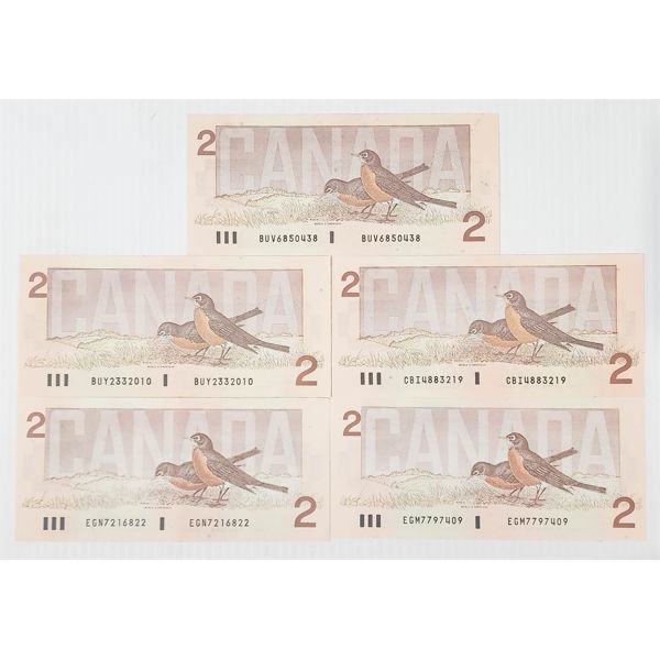 FIVE 1986 CANADIAN $2 ROBIN SERIES BANKNOTES 