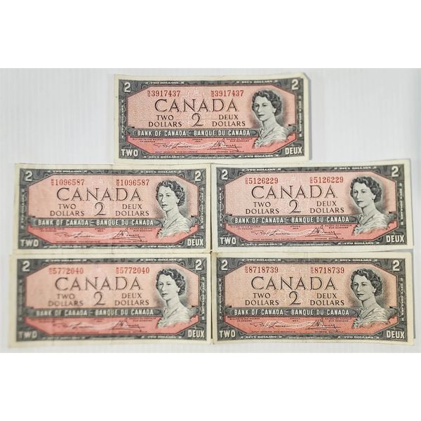 FIVE 1954 CANADIAN $2 BANKNOTES 