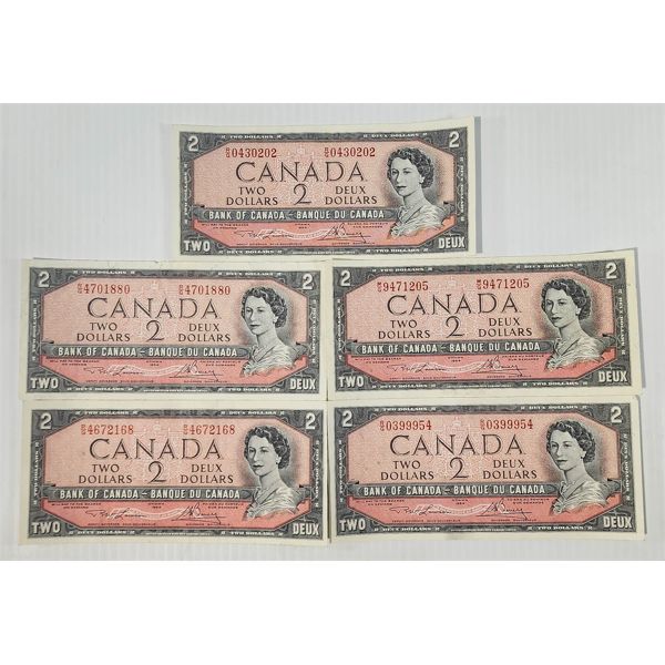 FIVE 1954 CANADIAN $2 BANKNOTES 