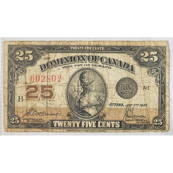 1923 DOMINION OF CANADA 25 CENT BANKNOTE