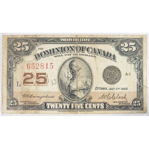 1923 DOMINION OF CANADA 25 CENT BANKNOTE