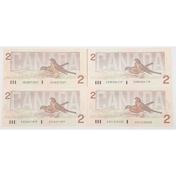 FOUR 1986 CANADIAN $2 ROBIN SERIES BANKNOTES 