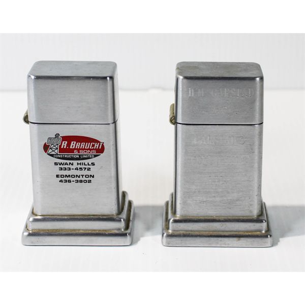 2 VINT. ZIPPO BARCROFT TABLE LIGHTERS OILFIELD AD'S
