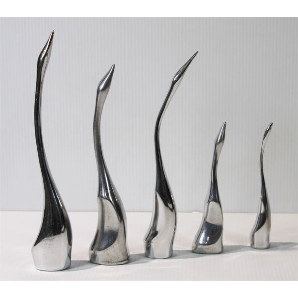 VINT. HOSELTON 5 SWANS ALUMINUM ARTIST SIGNED FIGURES