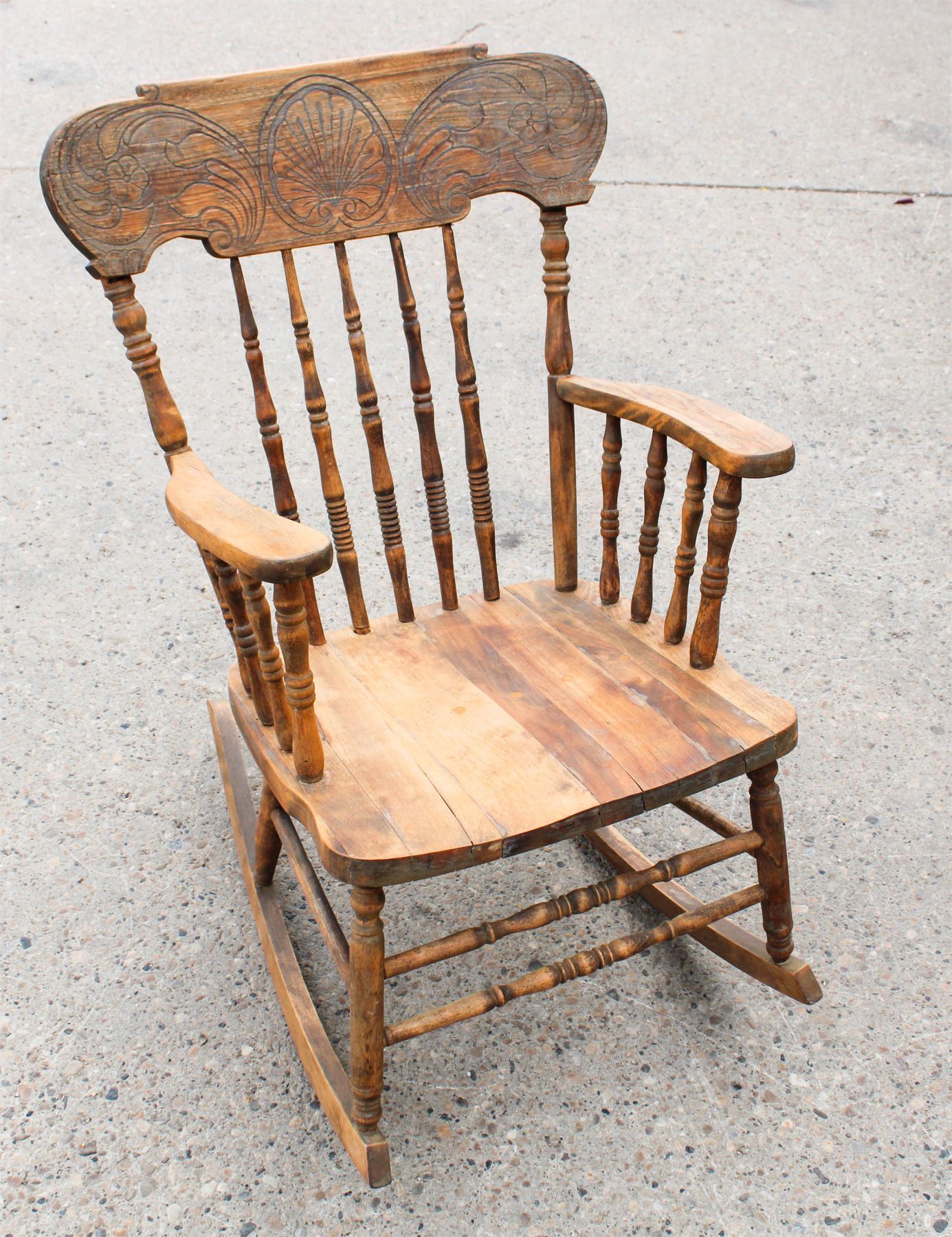 Tei Small Wood Rocker ANTIQUE PRESSED BACK ORNATE SOLID WOOD ROCKER