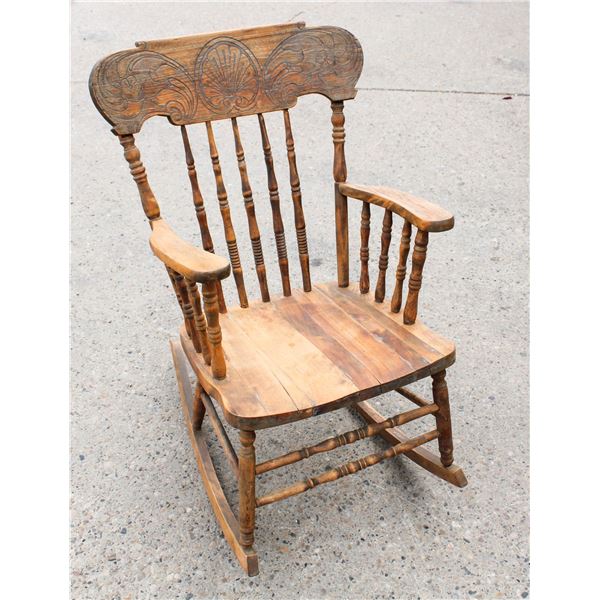 Solid Board Rocker ANTIQUE PRESSED BACK ORNATE SOLID WOOD ROCKER