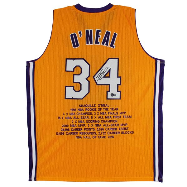 SHAQUILLE ONEAL SIGNED LA LAKERS CAREER STAT JERSEY (BECKETT COA)