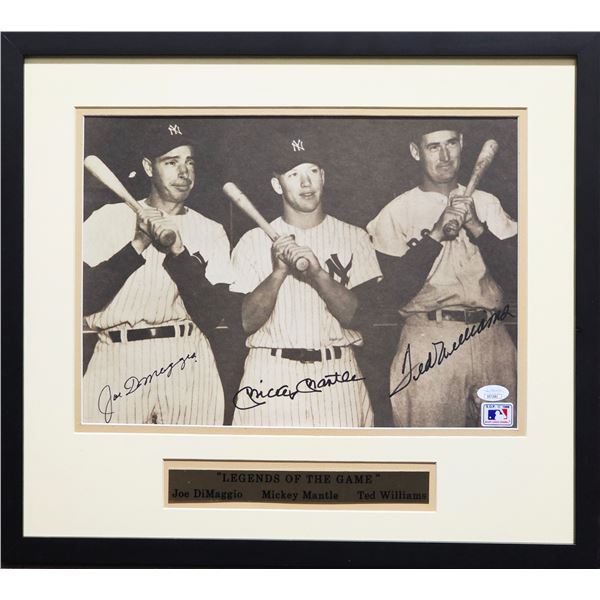 DIMAGGIO/MANTLE/WILLIAMS TRIPLE SIGNED AND FRAMED 16 X 20 (JSA COA)