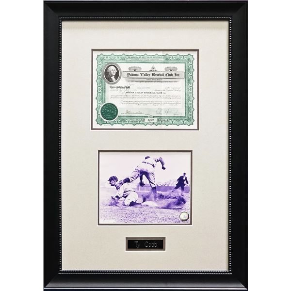 TY COBB SIGNED AND CUSTOM FRAMED STOCK CERTIFICATE (PSA COA)