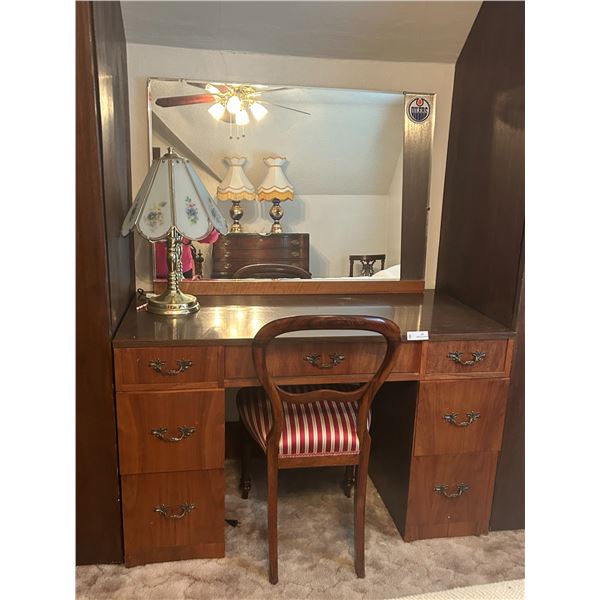Vintage Vanity With Mirror, Lamp And Chair 24D 50W 62H