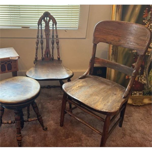 Two Antique Wood Chairs And Piano Stool