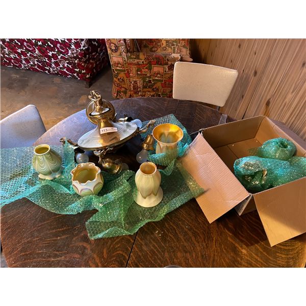 Brass Ceiling Light With Glass Feather Design Steuben or Quezel