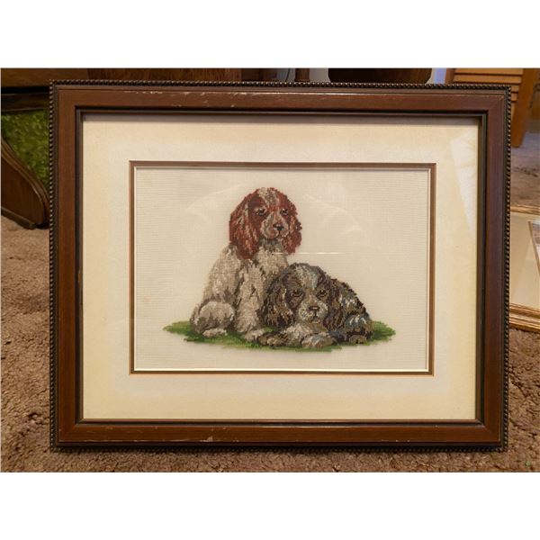 Framed Embroidered Dogs 13 x 10 And Framed Print Of  Sunlit Morning 15 x 13