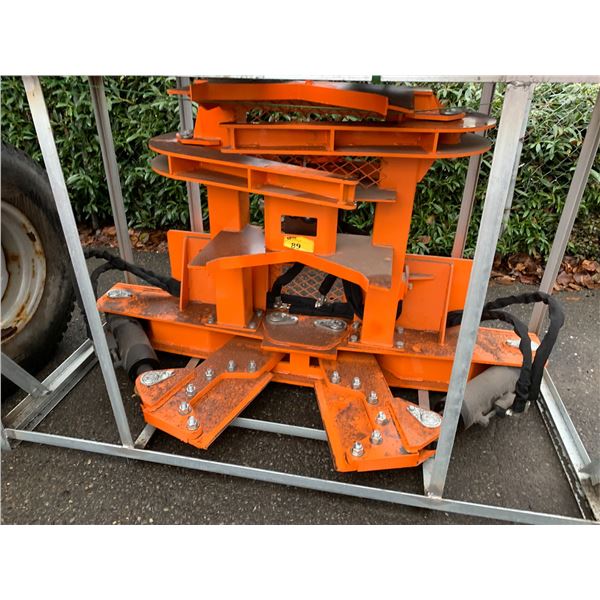 GREATBEAR ORANGE HYDRAULIC SKID STEER TREE CUTTING ATTACHMENT WITH HAND CONTROLS