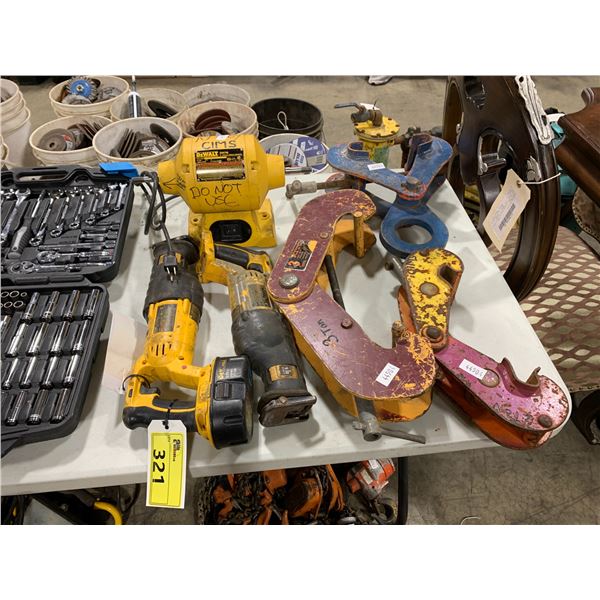 DEWALT 6" BENCH GRINDER, 2 RECIPROCATING SAWS & 3 VICE CLAMPS