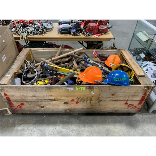 LARGE CRATE OF HAND TOOLS, LEVELS, HARDHATS FLASHLIGHTS, MEASURING SQUARES & CLAMPS