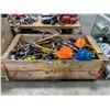 Image 1 : LARGE CRATE OF HAND TOOLS, LEVELS, HARDHATS FLASHLIGHTS, MEASURING SQUARES & CLAMPS