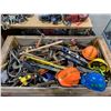 Image 2 : LARGE CRATE OF HAND TOOLS, LEVELS, HARDHATS FLASHLIGHTS, MEASURING SQUARES & CLAMPS