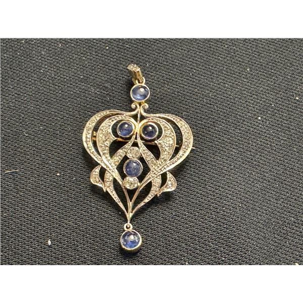 ANTIQUE 18KT YELLOW GOLD AND PLATINUM DIAMOND AND NATURAL BLUE SAPPHIRE BROOCH 8.9 GRAMS