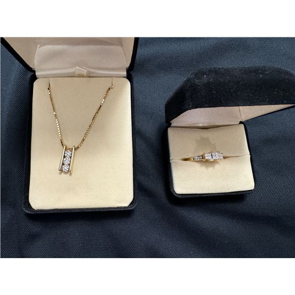 14K LADIES RING WITH DIAMONDS AND GOLD COLORED NECKLACE WITH MOISSANITE