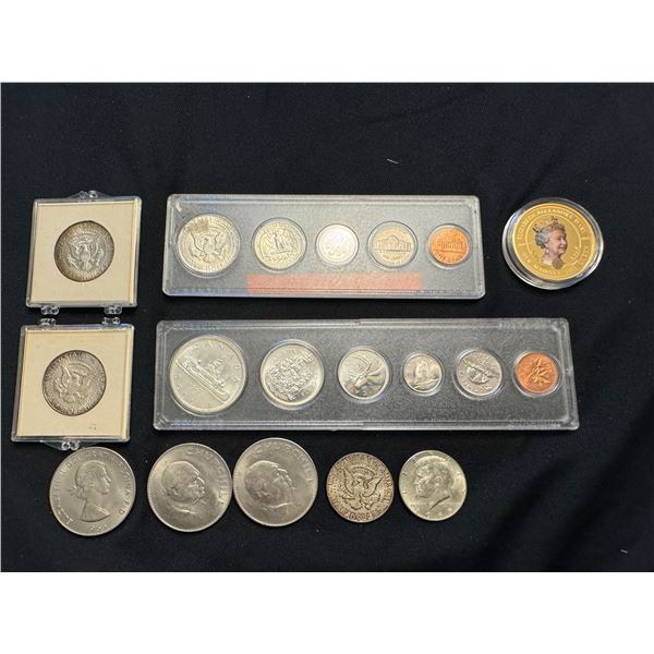 CANADA AND US COIN ASSORTMENT, CHURCHILL COMMEMORATIVE COINS, ETC