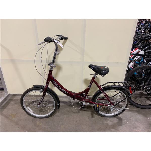 SCHWINN MAROON 12 SPEED MEDIUM SIZE FOLDABLE ROAD BIKE WITH REAR DRUM BREAK