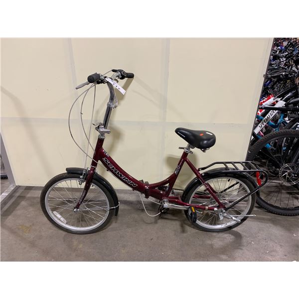 SCHWINN MAROON 12 SPEED MEDIUM SIZE FOLDABLE ROAD BIKE WITH REAR DRUM BREAK