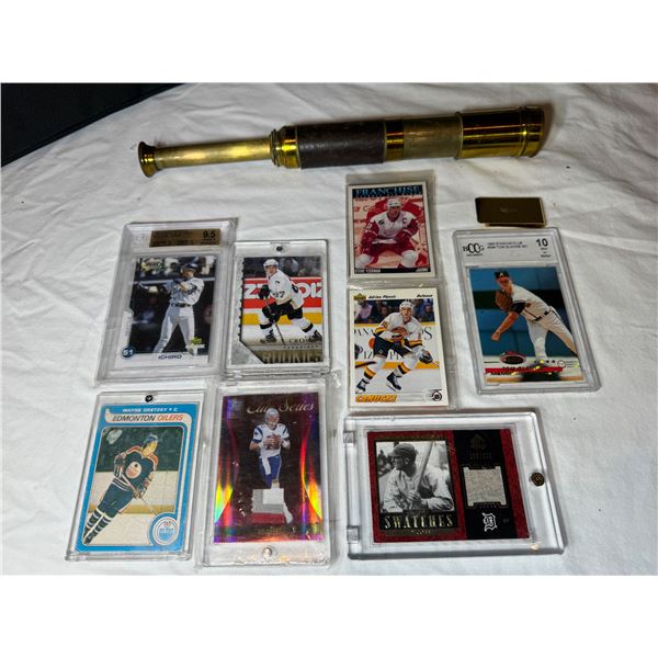 ASSORTED SPORTS CARDS AND VINTAGE TELESCOPE